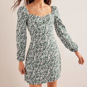 NWT Boden 100% Linen Long Sleeve Short Mini Green Floral Shift Dress